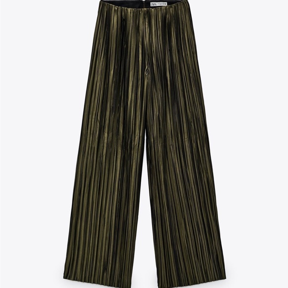 NEW Zara RARE 2 Piece Satin Pleated Green Wide Leg Co Ord Outfit Small 4886/270 - Picture 3 of 6